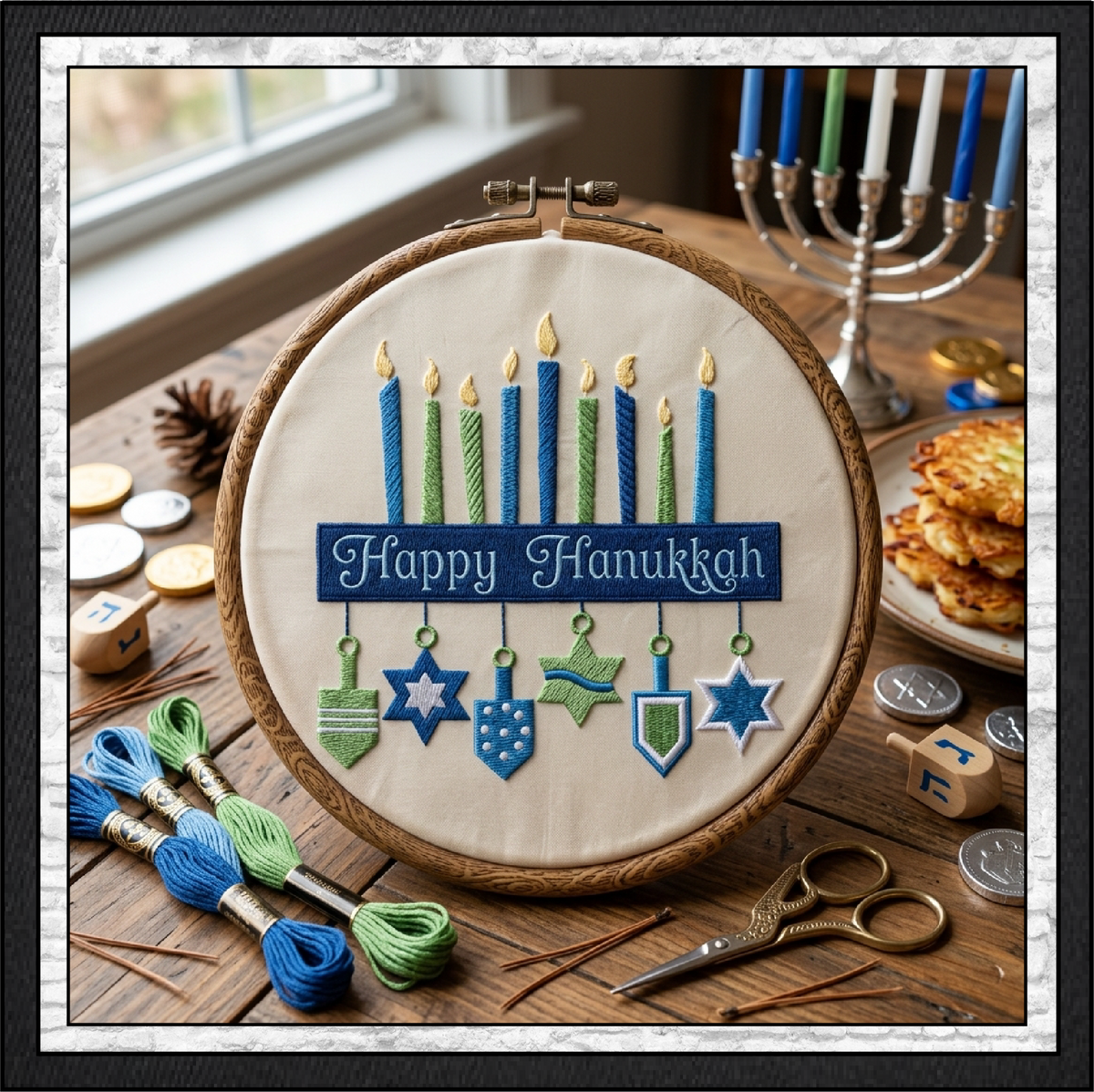 Happy Hanukkah Menorah Machine Embroidery Design File - Dreidel Star of David Pattern, 6 Sizes (0156)