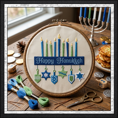 Happy Hanukkah Menorah Machine Embroidery Design File - Dreidel Star of David Pattern, 6 Sizes (0156)