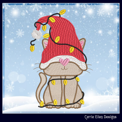 Gnome Christmas Cat Machine Embroidery Design – Holiday Cat Tangled in Christmas Lights – Cute Festive Embroidery – 6 Sizes (0225)