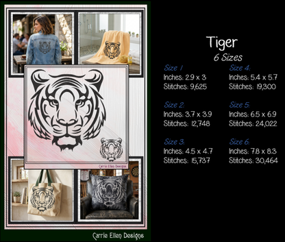 Tiger Machine Embroidery Design, Animal Embroidery, Jungle Wild Cat Embroidery, 6 Sizes (0319)