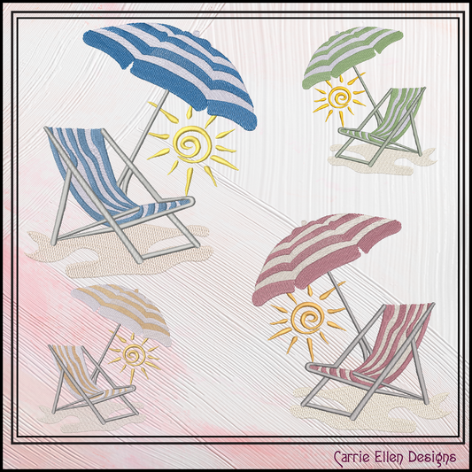 Beach Chair and Umbrella Machine Embroidery Design – Summer Vacation Beach Scene Pattern, 6 Sizes, 6 Sizes (0530)