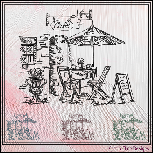 Street Café Scene Machine Embroidery Design – French Bistro Line Art City Restaurant Pattern, 6 Sizes (0550)