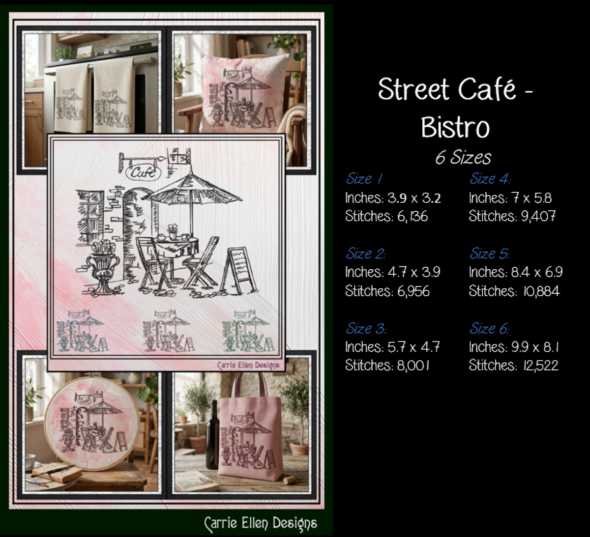Street Café Scene Machine Embroidery Design – French Bistro Line Art City Restaurant Pattern, 6 Sizes (0550)