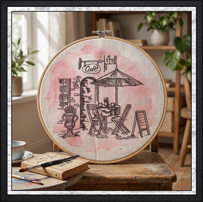 Street Café Scene Machine Embroidery Design – French Bistro Line Art City Restaurant Pattern, 6 Sizes (0550)