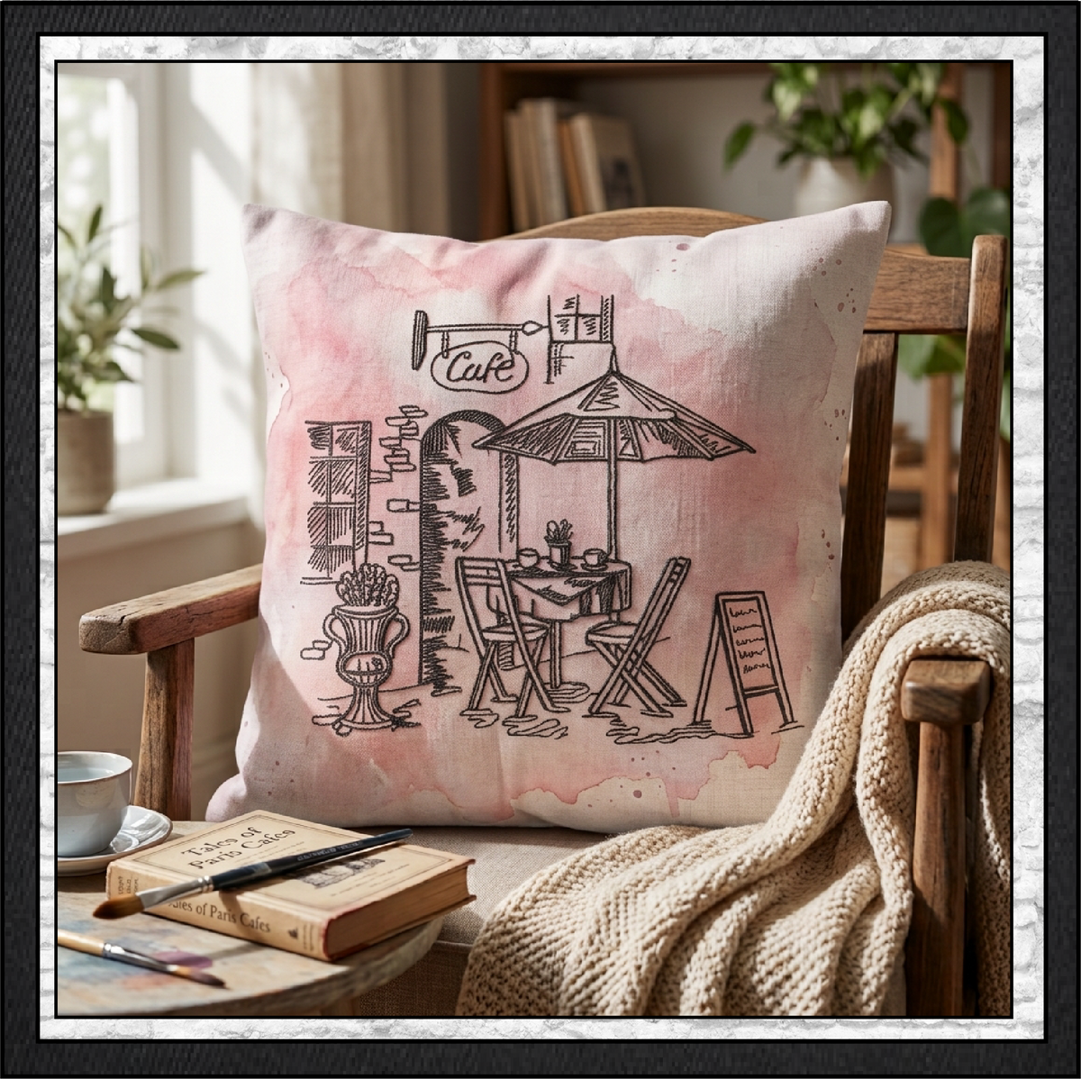 Street Café Scene Machine Embroidery Design – French Bistro Line Art City Restaurant Pattern, 6 Sizes (0550)
