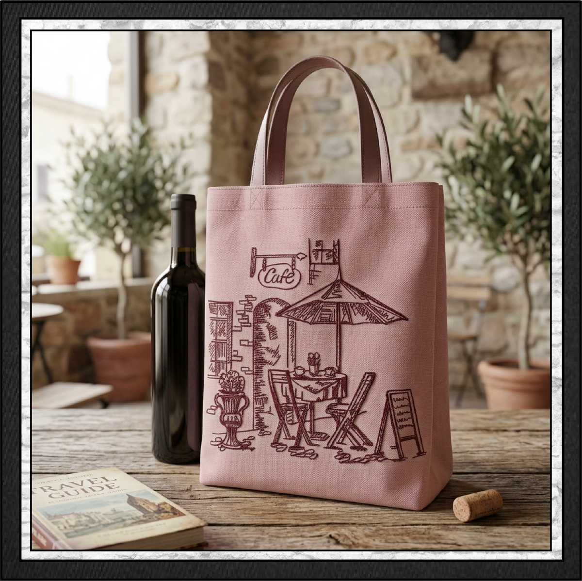 Street Café Scene Machine Embroidery Design – French Bistro Line Art City Restaurant Pattern, 6 Sizes (0550)