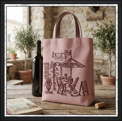 Street Café Scene Machine Embroidery Design – French Bistro Line Art City Restaurant Pattern, 6 Sizes (0550)