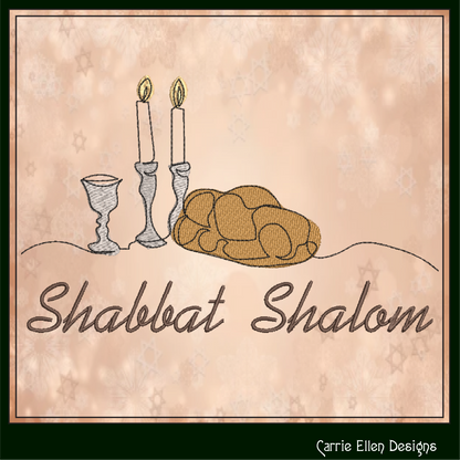 Shabbat Shalom Machine Embroidery Design - Challah Bread & Candlesticks - Jewish Holiday Décor File, 6 Sizes (0640)