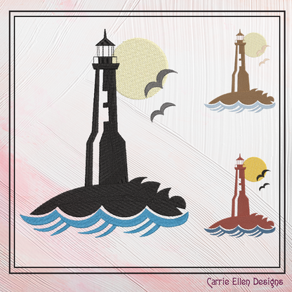 Lighthouse Machine Embroidery Design – Coastal Island Lighthouse – Seaside Landscape Embroidery File, 6 Sizes (0663)