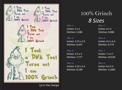 100% Grinch Machine Embroidery Design – Funny Holiday Saying, Christmas Snark Quote, 8 Sizes (1017)