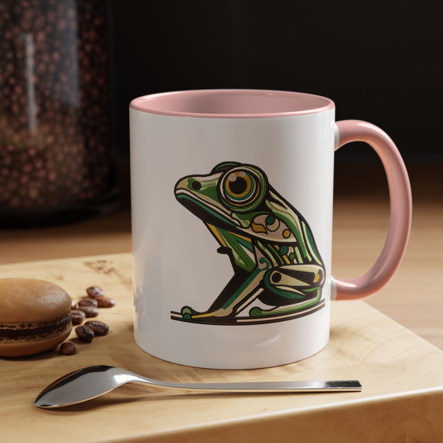 Green Stylized Frog Mug | Embroidery Styled Accent Colored Printed Coffee Mug (3817)