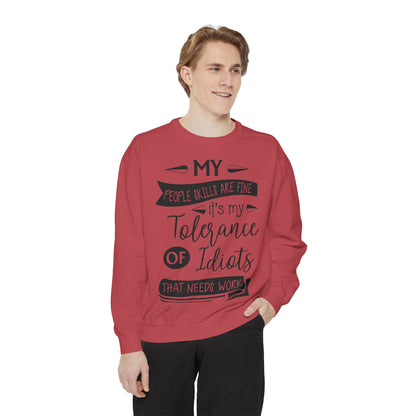Tolerance of Idiots Snarky Quote Garment-Dyed Sweatshirt, Comfort Colors Adult Humor Printed Sweatshirt (P6005)