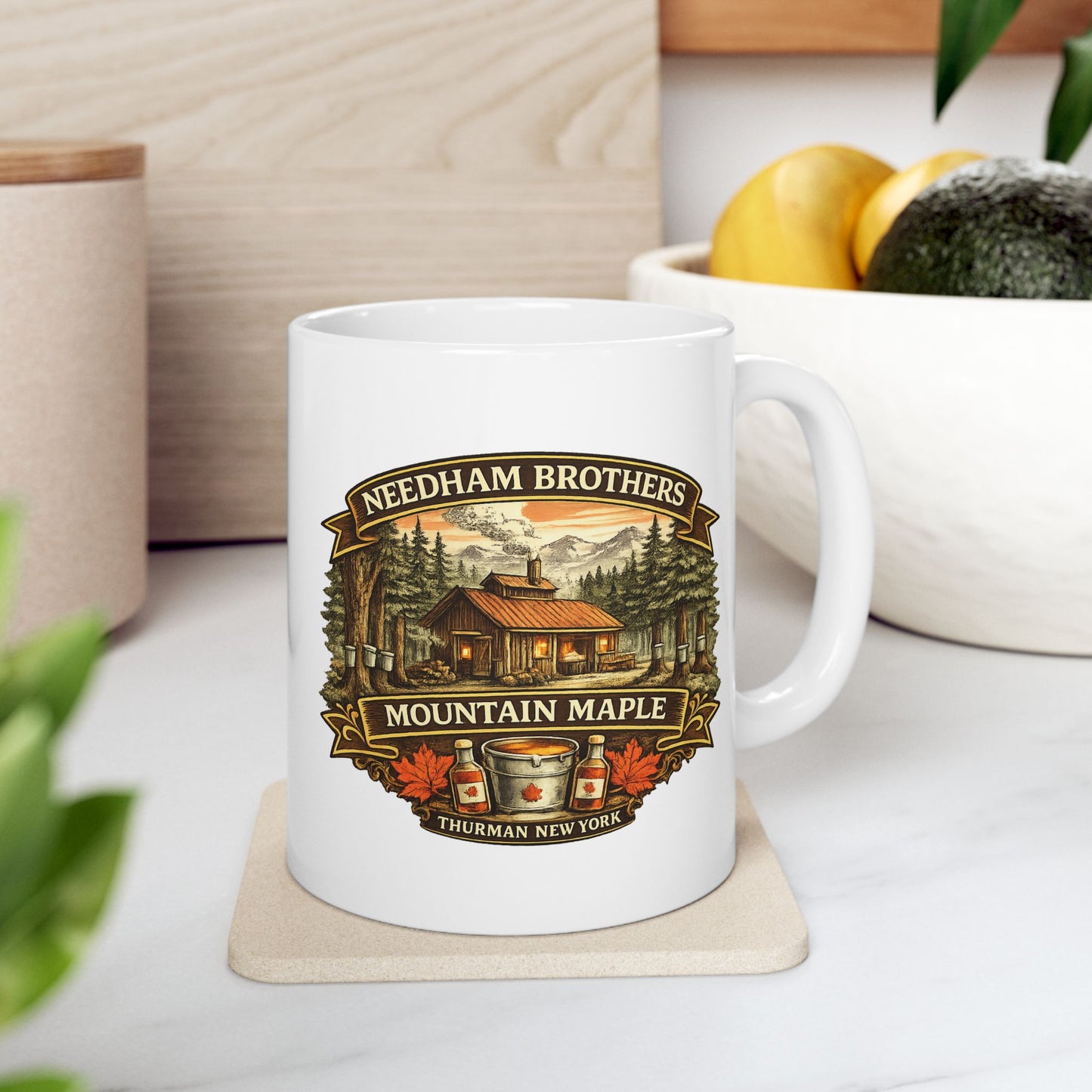 Needham Brothers Mountain Maple White Mug | 11 oz, 15 oz Ceramic Mug (3893)