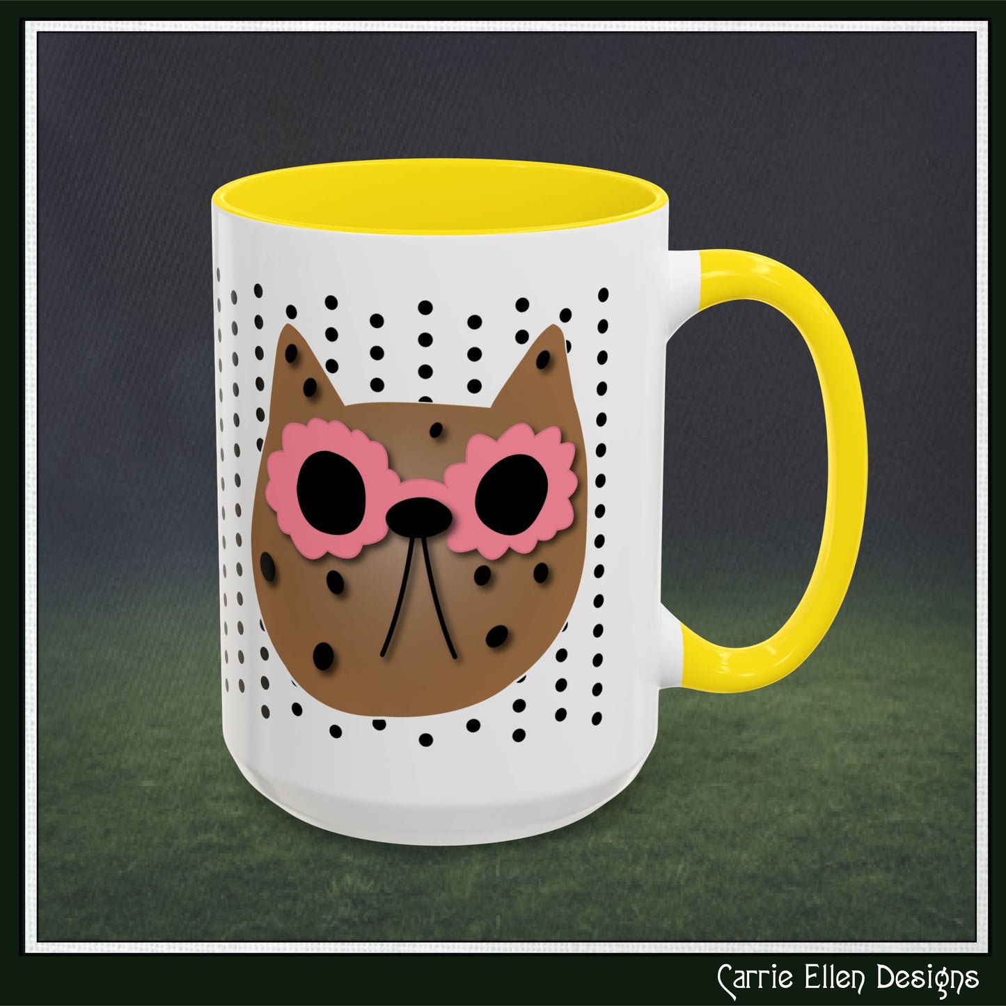 Spotted Cat Mug with Pink Sunglasses Accent Coffee Cup | 11oz 15oz (3812)