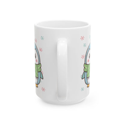 Blue Penguin with Colorful Snowflakes Ceramic Mug | Cute Winter Coffee Cup | Holiday Penguin Gift | 11oz & 15oz