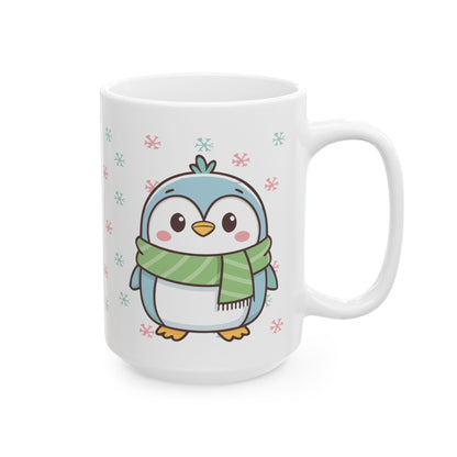 Blue Penguin with Colorful Snowflakes Ceramic Mug | Cute Winter Coffee Cup | Holiday Penguin Gift | 11oz & 15oz