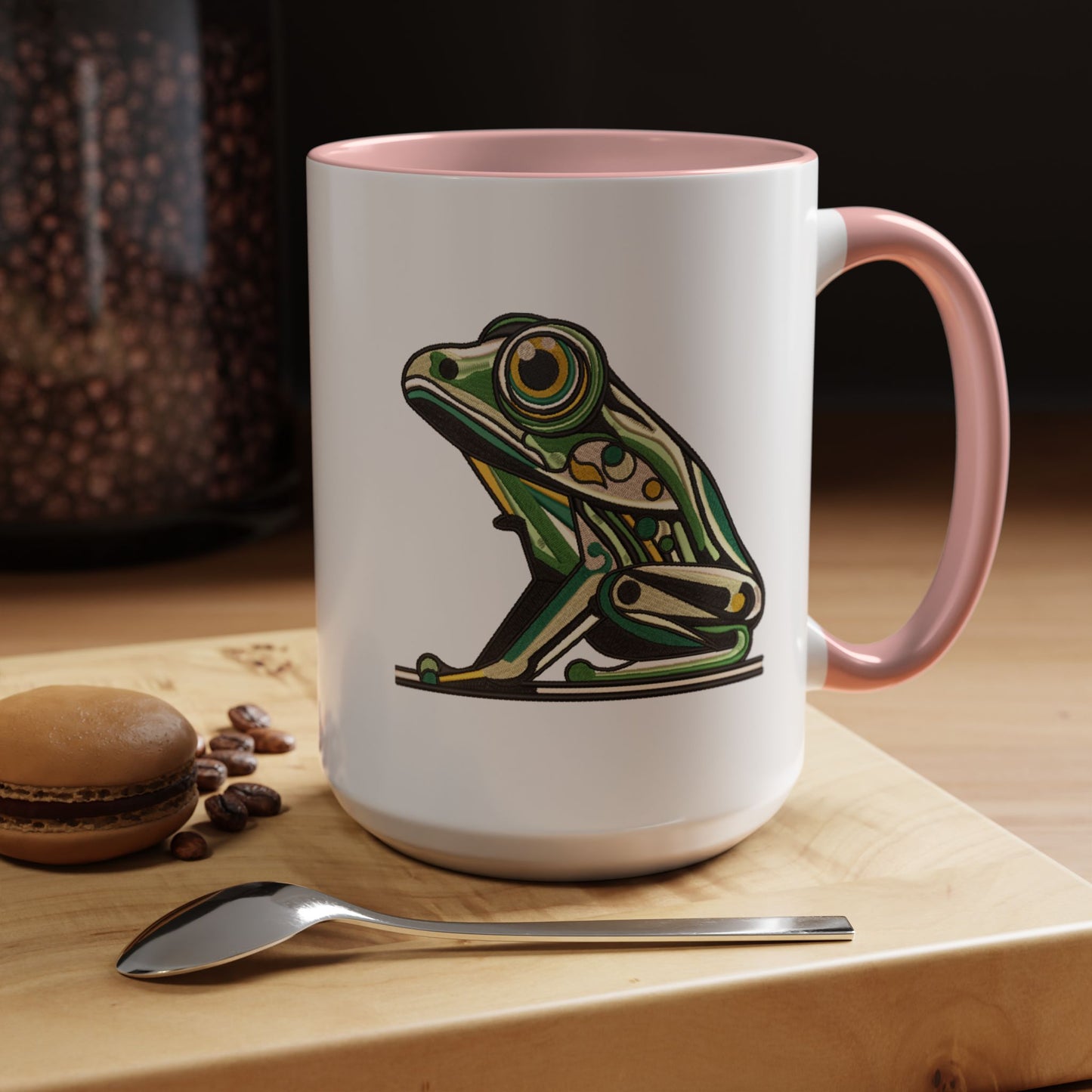 Green Stylized Frog Mug | Embroidery Styled Accent Colored Printed Coffee Mug (3817)