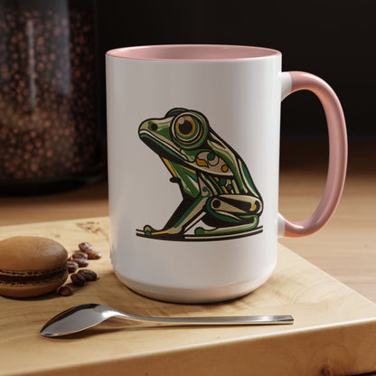 Green Stylized Frog Mug | Embroidery Styled Accent Colored Printed Coffee Mug (3817)