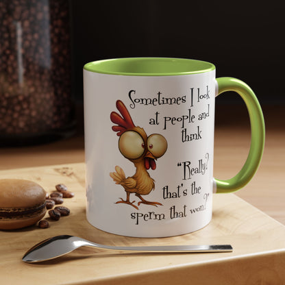 Funny Sarcastic Quote Mug | “That’s the Sperm That Won?” Colored Accent Coffee Mug 11oz & 15oz (3818)