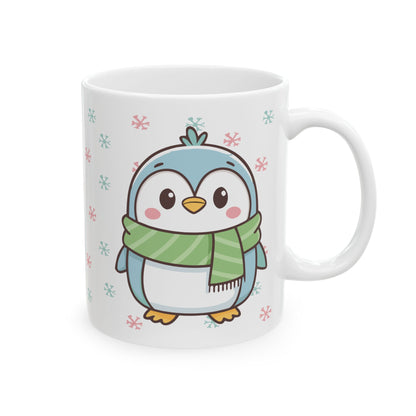 Blue Penguin with Colorful Snowflakes Ceramic Mug | Cute Winter Coffee Cup | Holiday Penguin Gift | 11oz & 15oz