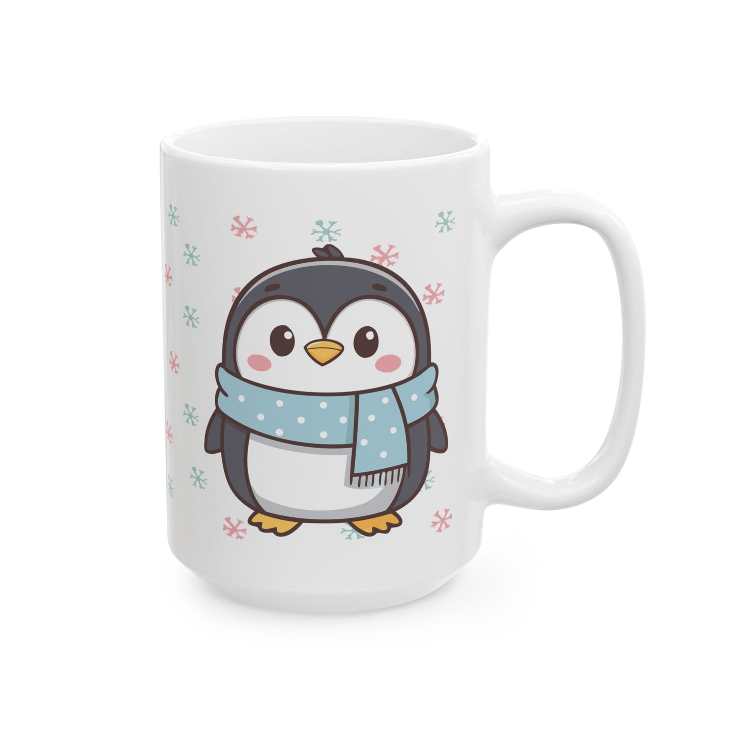 Gray Penguin with Colorful Snowflakes Ceramic Mug | Cute Winter Coffee Cup | Holiday Penguin Gift | 11oz & 15oz