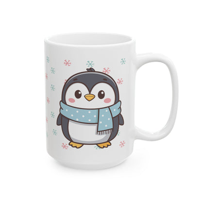 Gray Penguin with Colorful Snowflakes Ceramic Mug | Cute Winter Coffee Cup | Holiday Penguin Gift | 11oz & 15oz