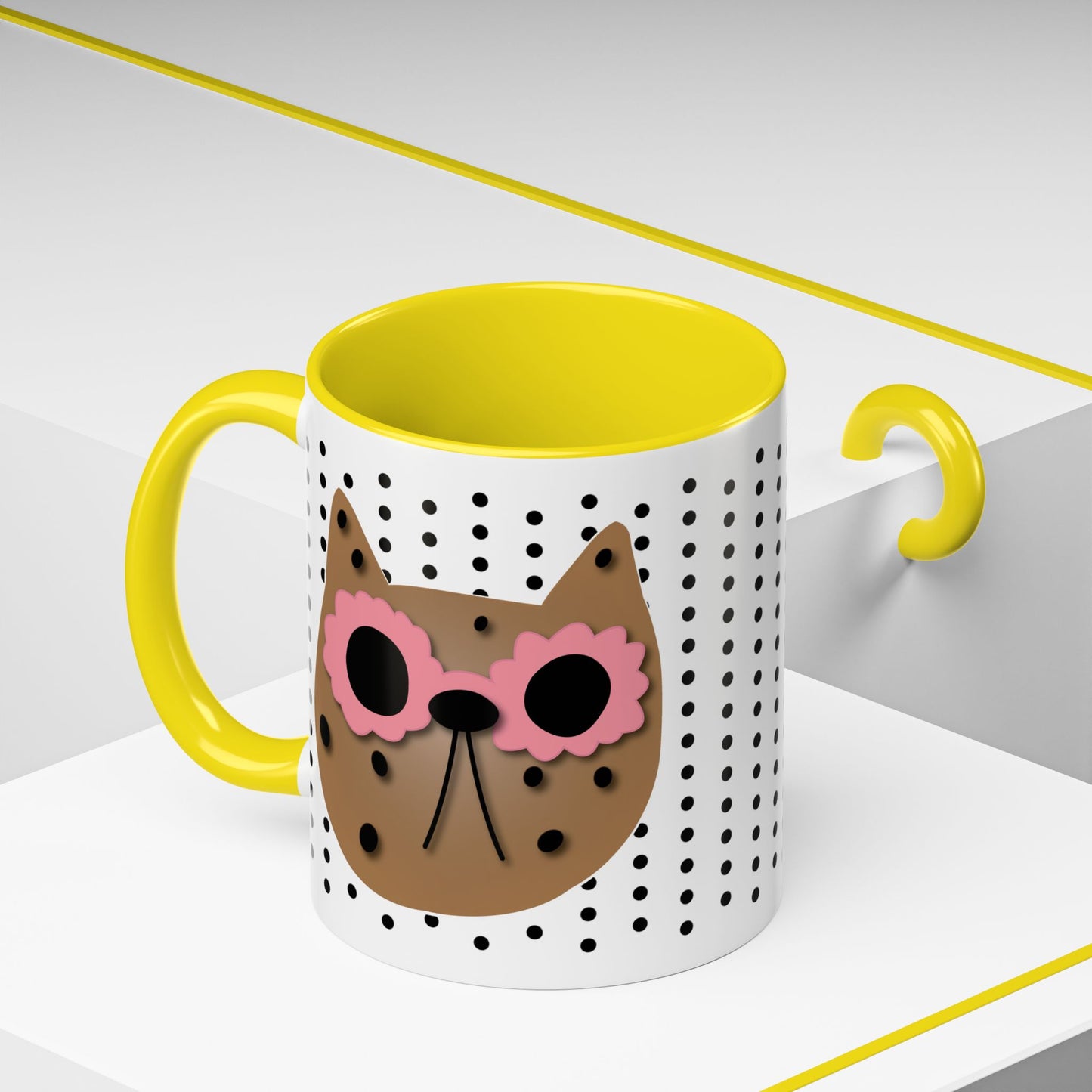 Spotted Cat Mug with Pink Sunglasses Accent Coffee Cup | 11oz 15oz (3812)