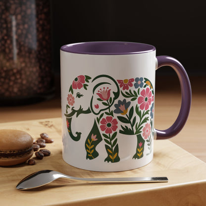 Floral Elephant Accent Coffee Mug | Boho Elephant Ceramic Mug | 11oz & 15oz Color Accent Mug (4271)