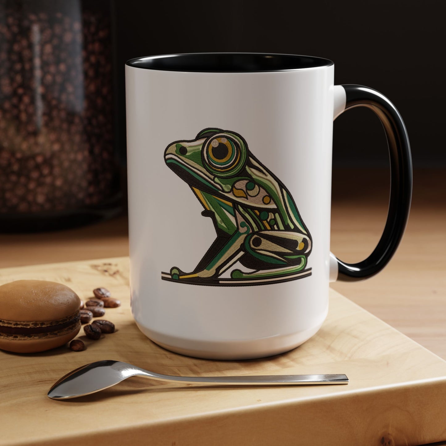 Green Stylized Frog Mug | Embroidery Styled Accent Colored Printed Coffee Mug (3817)