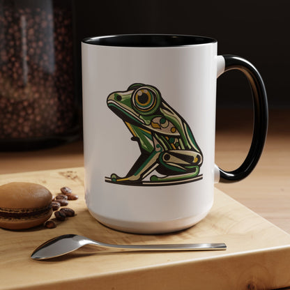 Green Stylized Frog Mug | Embroidery Styled Accent Colored Printed Coffee Mug (3817)