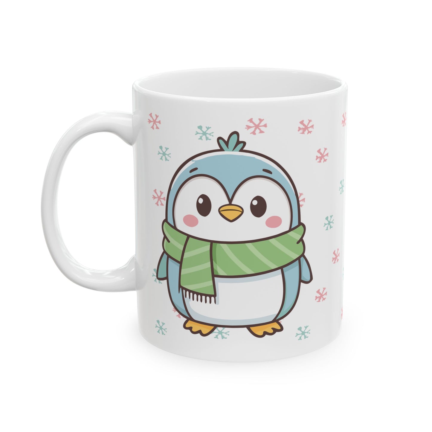 Blue Penguin with Colorful Snowflakes Ceramic Mug | Cute Winter Coffee Cup | Holiday Penguin Gift | 11oz & 15oz