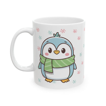 Blue Penguin with Colorful Snowflakes Ceramic Mug | Cute Winter Coffee Cup | Holiday Penguin Gift | 11oz & 15oz