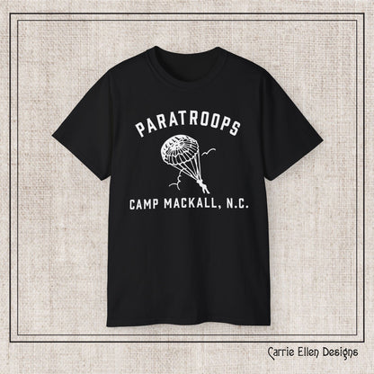 Camp Mackall Paratroops Short Sleeve T-Shirt – Vintage WWII Military Camp Design – Heavyweight 100% Cotton Tee (P-6032)