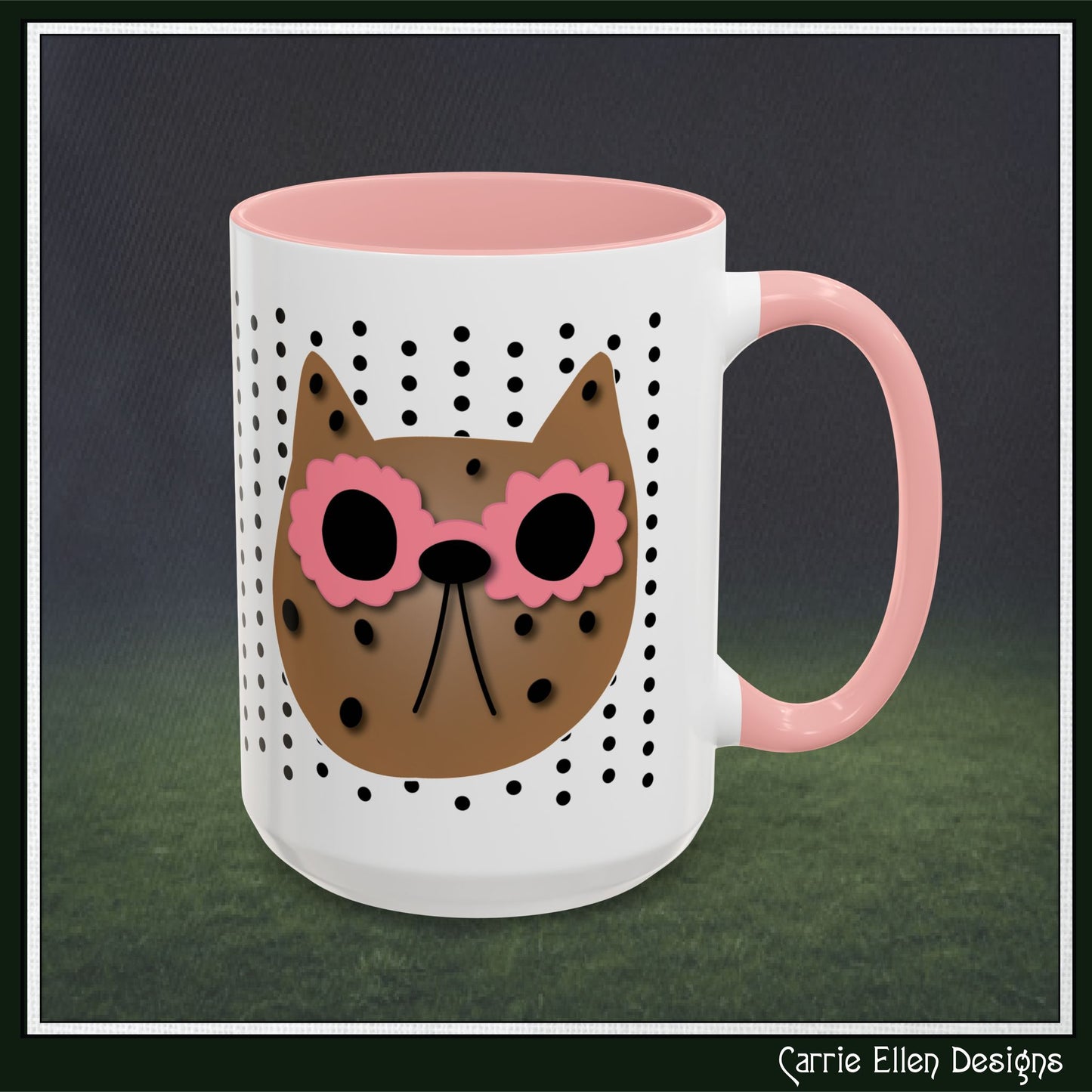 Spotted Cat Mug with Pink Sunglasses Accent Coffee Cup | 11oz 15oz (3812)