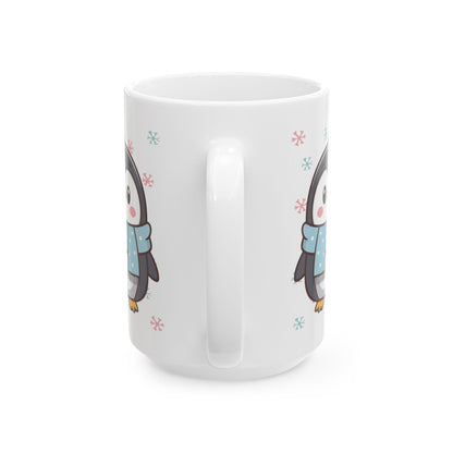 Gray Penguin with Colorful Snowflakes Ceramic Mug | Cute Winter Coffee Cup | Holiday Penguin Gift | 11oz & 15oz