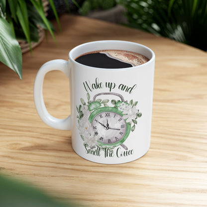 Wake Up and Smell The Coffee Floral Inspiration Ceramic Coffee Mug – 11oz & 15oz – Perfect Gift for Coffee Lovers (P-6003)