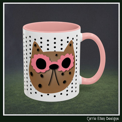 Spotted Cat Mug with Pink Sunglasses Accent Coffee Cup | 11oz 15oz (3812)