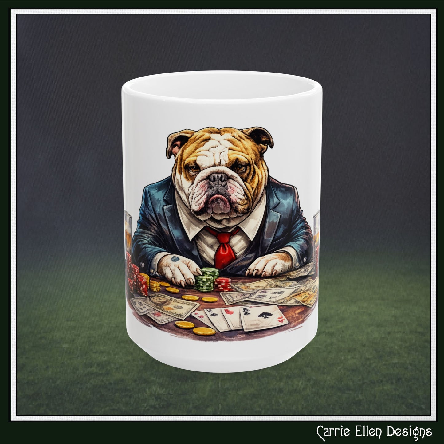 Bulldog Poker Ceramic Mug | Poker Player Gift | English Bulldog Mug (11oz/15oz) (4265)