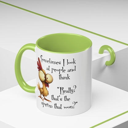 Funny Sarcastic Quote Mug | “That’s the Sperm That Won?” Colored Accent Coffee Mug 11oz & 15oz (3818)