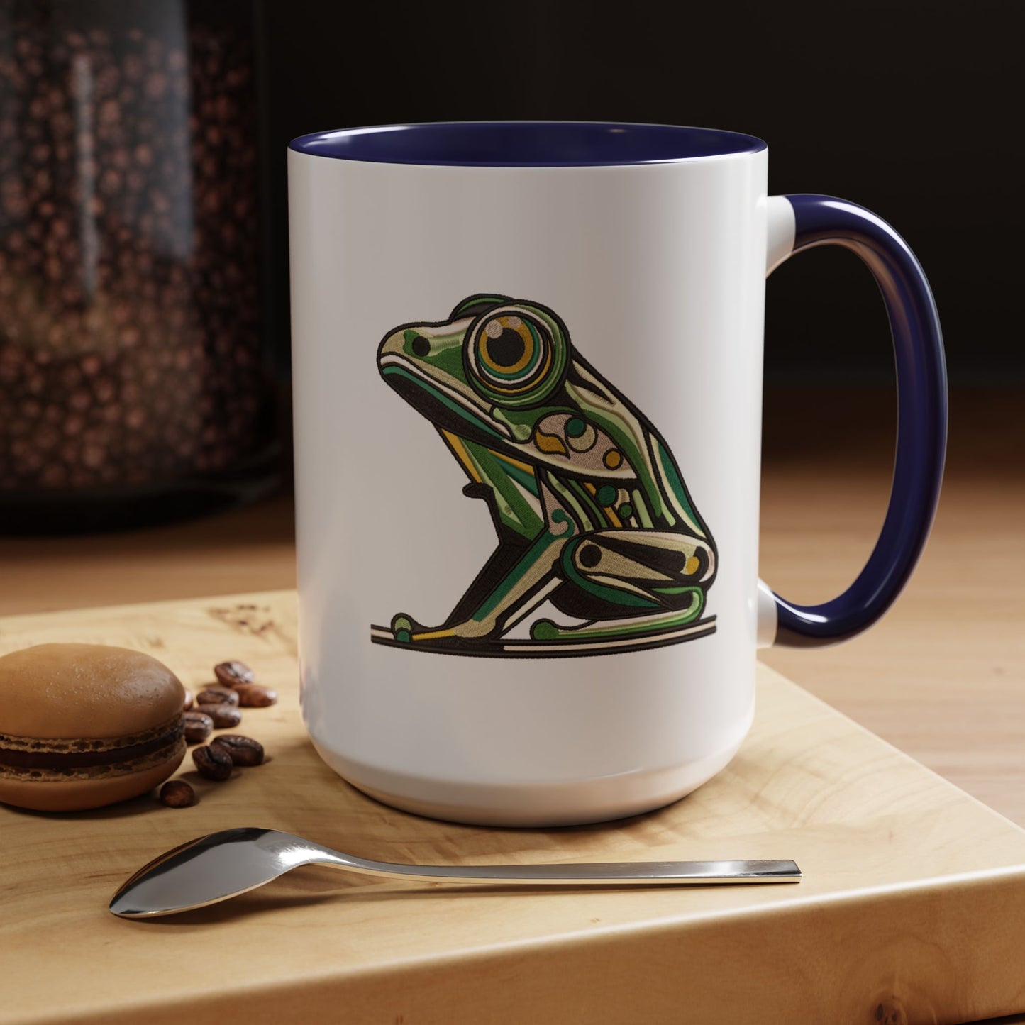 Green Stylized Frog Mug | Embroidery Styled Accent Colored Printed Coffee Mug (3817)