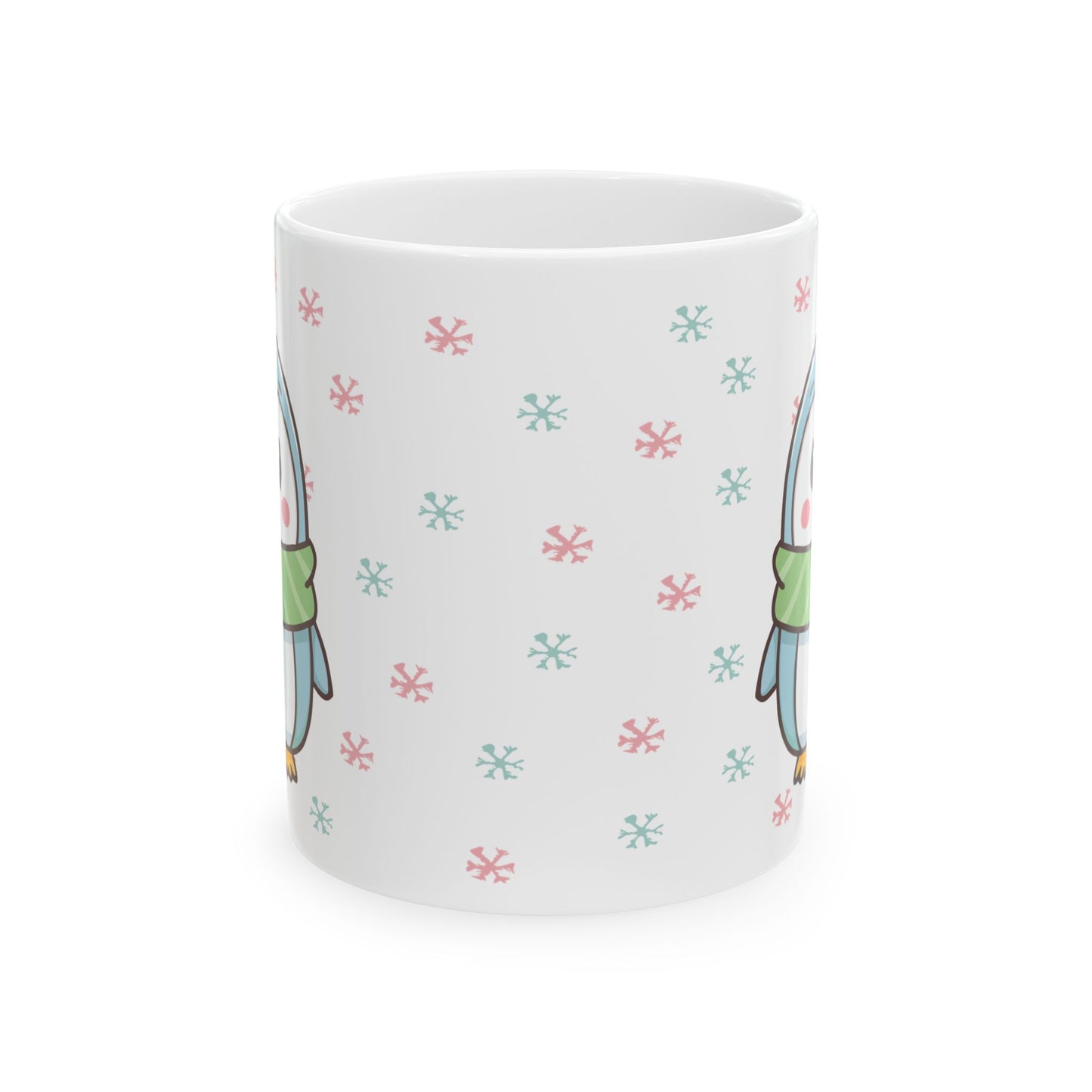 Blue Penguin with Colorful Snowflakes Ceramic Mug | Cute Winter Coffee Cup | Holiday Penguin Gift | 11oz & 15oz
