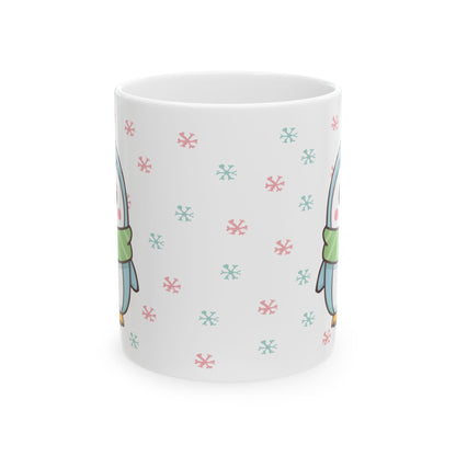 Blue Penguin with Colorful Snowflakes Ceramic Mug | Cute Winter Coffee Cup | Holiday Penguin Gift | 11oz & 15oz