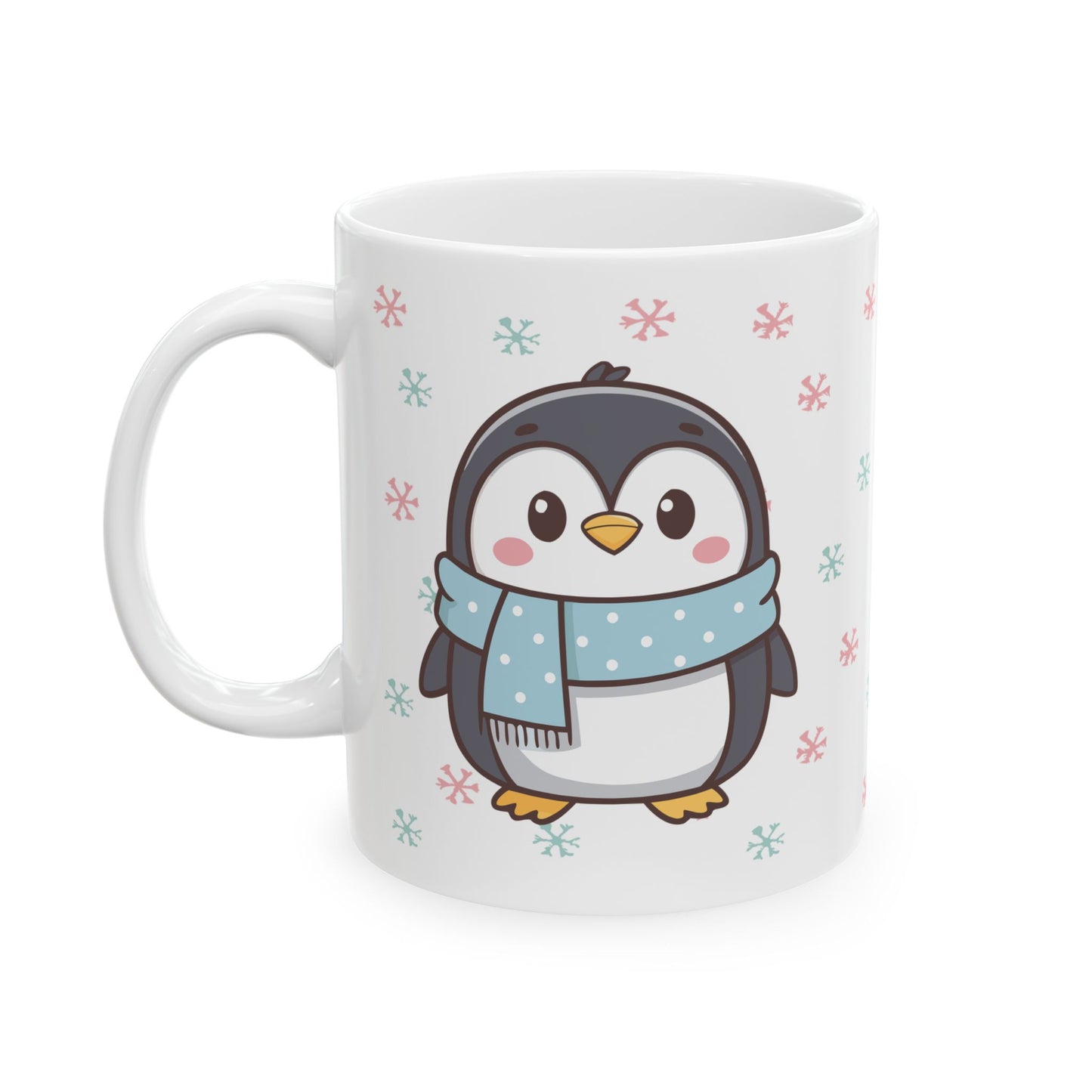 Gray Penguin with Colorful Snowflakes Ceramic Mug | Cute Winter Coffee Cup | Holiday Penguin Gift | 11oz & 15oz