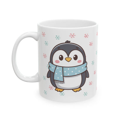 Gray Penguin with Colorful Snowflakes Ceramic Mug | Cute Winter Coffee Cup | Holiday Penguin Gift | 11oz & 15oz