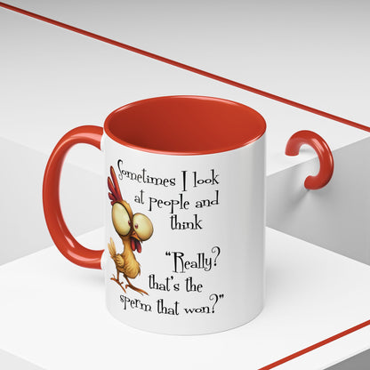 Funny Sarcastic Quote Mug | “That’s the Sperm That Won?” Colored Accent Coffee Mug 11oz & 15oz (3818)