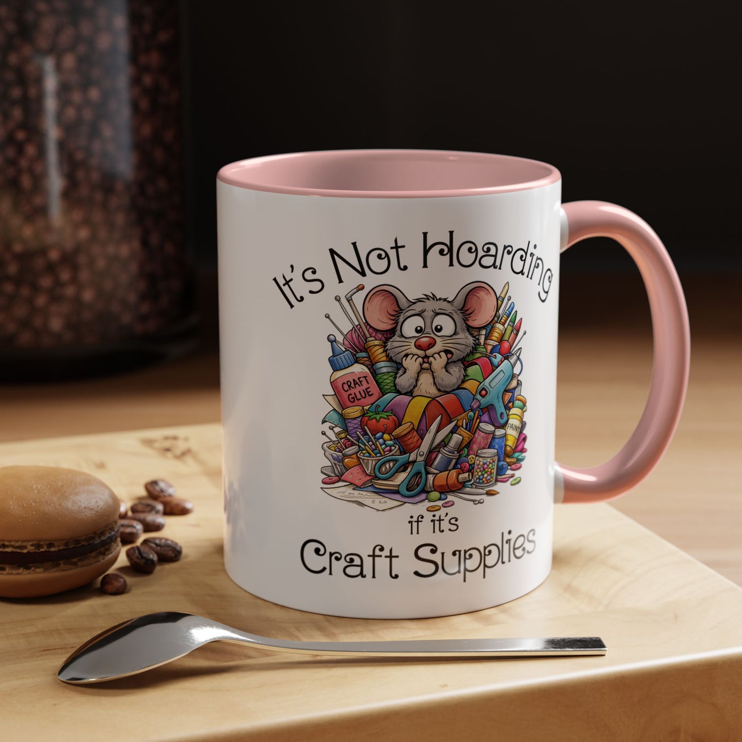 Craft Supply Hoarding Mouse Ceramic Mug | Funny Crafter Color Accent Mug (3857)