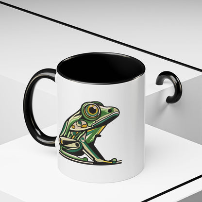 Green Stylized Frog Mug | Embroidery Styled Accent Colored Printed Coffee Mug (3817)