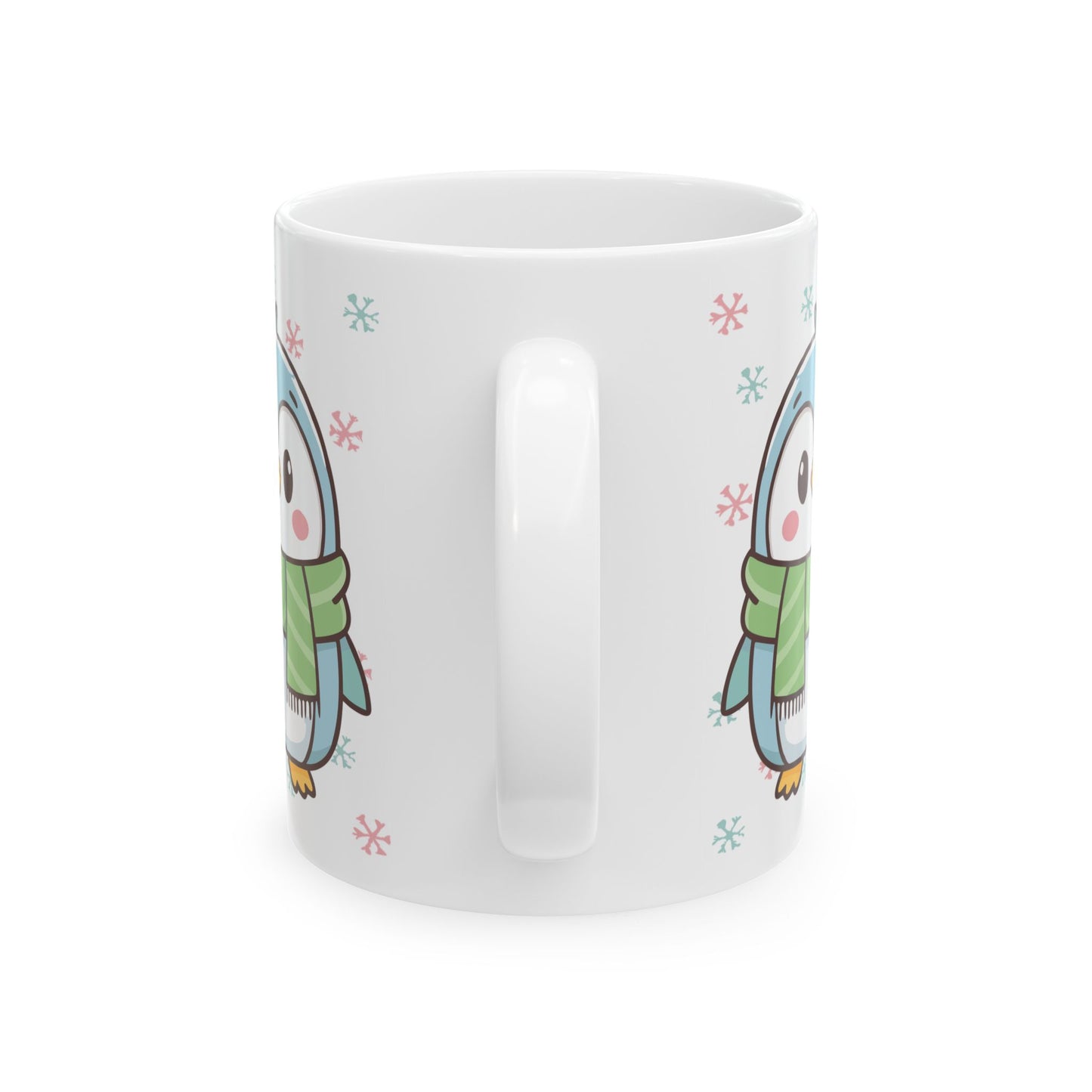 Blue Penguin with Colorful Snowflakes Ceramic Mug | Cute Winter Coffee Cup | Holiday Penguin Gift | 11oz & 15oz