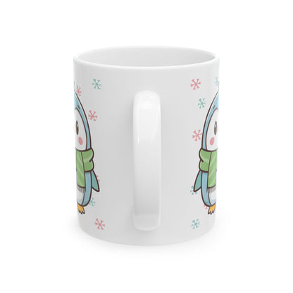 Blue Penguin with Colorful Snowflakes Ceramic Mug | Cute Winter Coffee Cup | Holiday Penguin Gift | 11oz & 15oz