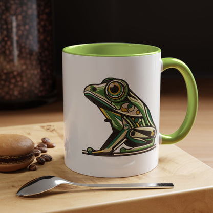 Green Stylized Frog Mug | Embroidery Styled Accent Colored Printed Coffee Mug (3817)